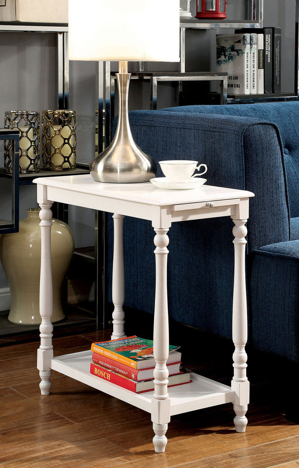 English Elm Transitional White Side Table with Hidden Tray & Open Shelf, Turned Legs, 24¾"W x 23¾"H Accent Piece B2741P341684