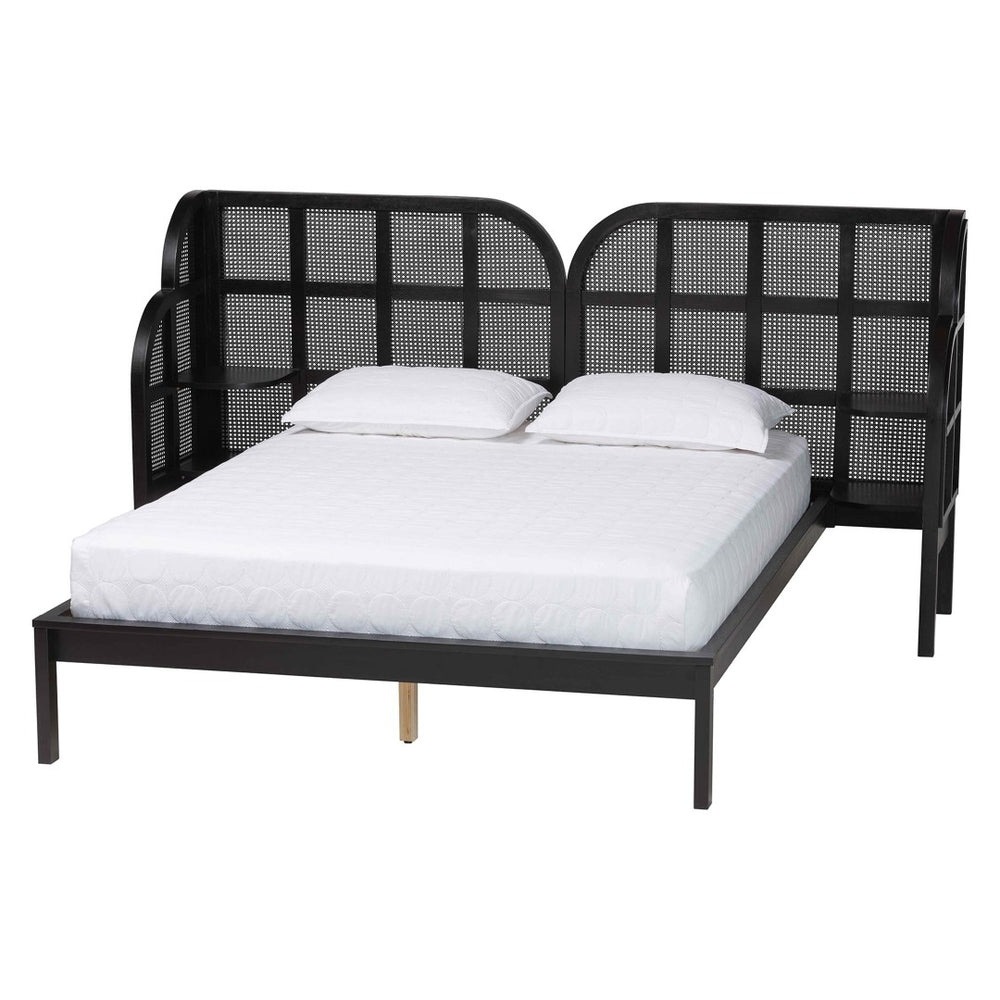 Baxton Studio Baxton Studio Cascadia Queen Wingback Bed - Modern Ebony Wood Frame with Shelves & Rattan Details MG0225-Ebony Black-Queen
