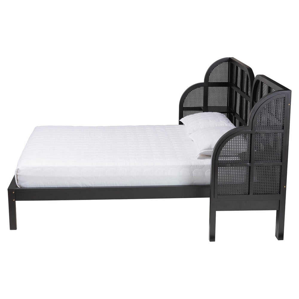 Baxton Studio Baxton Studio Cascadia Queen Wingback Bed - Modern Ebony Wood Frame with Shelves & Rattan Details MG0225-Ebony Black-Queen