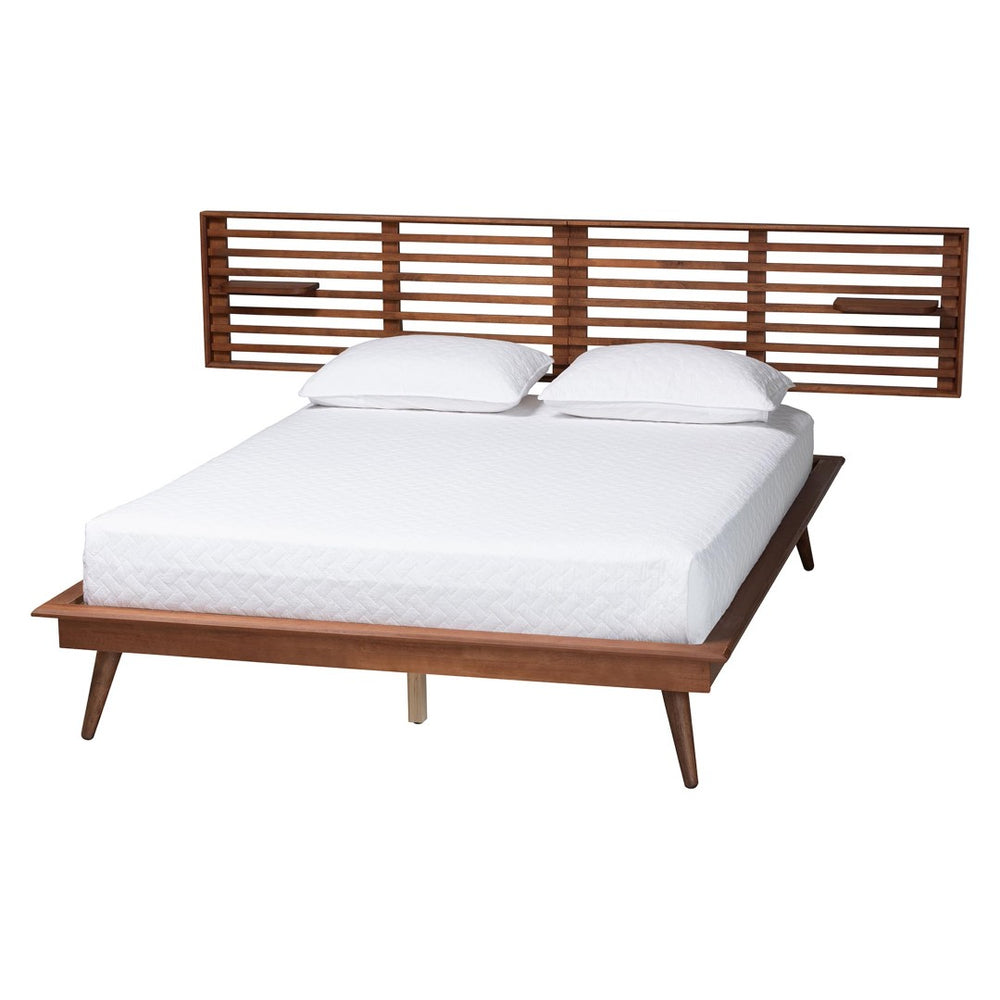 Baxton Studio Baxton Studio Elvina Mid-Century Platform Bed with Built-In Shelves for Stylish Bedroom Storage Solutions King MG0228-Ash Walnut-King