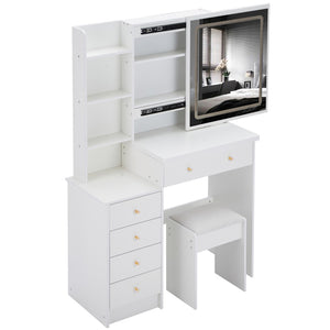 English Elm 37" Vanity Table Set with Led Mirror Stool Built-in Outlets and Hair Dryer Storage White W3258P448846