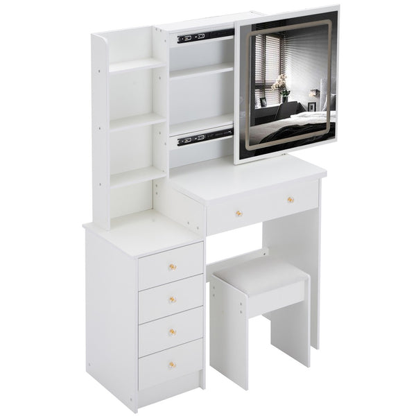 English Elm 37" Vanity Table Set with Led Mirror Stool Built-in Outlets and Hair Dryer Storage White W3258P448846