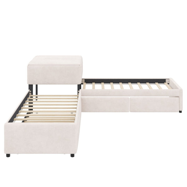 English Elm L-shaped Twin Platform Bed Set with Trundle Drawers and Center Table in Beige Linen GX000531AAA