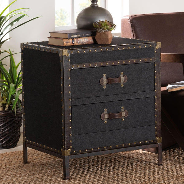 Baxton Studio Baxton Laura Vintage Black Canvas 2-Drawer End Table Trunk - Stylish Storage for Any Room JY23B236-Laura Black Trunk-ET