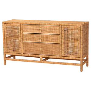 Baxton Studio bali Vivan Bohemian Honey Rattan and Mahogany 3-Drawer Storage Cabinet for Stylish Organization Vivan-SV2089-Natural-Rattan-Cabinet