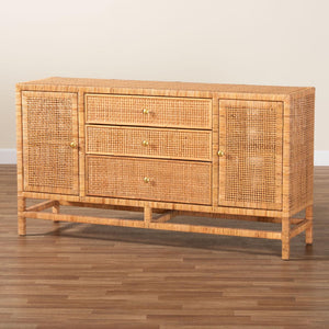 Baxton Studio bali Vivan Bohemian Honey Rattan and Mahogany 3-Drawer Storage Cabinet for Stylish Organization Vivan-SV2089-Natural-Rattan-Cabinet