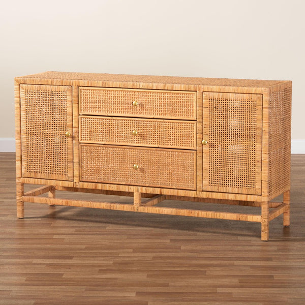 Baxton Studio bali Vivan Bohemian Honey Rattan and Mahogany 3-Drawer Storage Cabinet for Stylish Organization Vivan-SV2089-Natural-Rattan-Cabinet