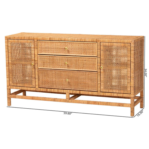 Baxton Studio bali Vivan Bohemian Honey Rattan and Mahogany 3-Drawer Storage Cabinet for Stylish Organization Vivan-SV2089-Natural-Rattan-Cabinet
