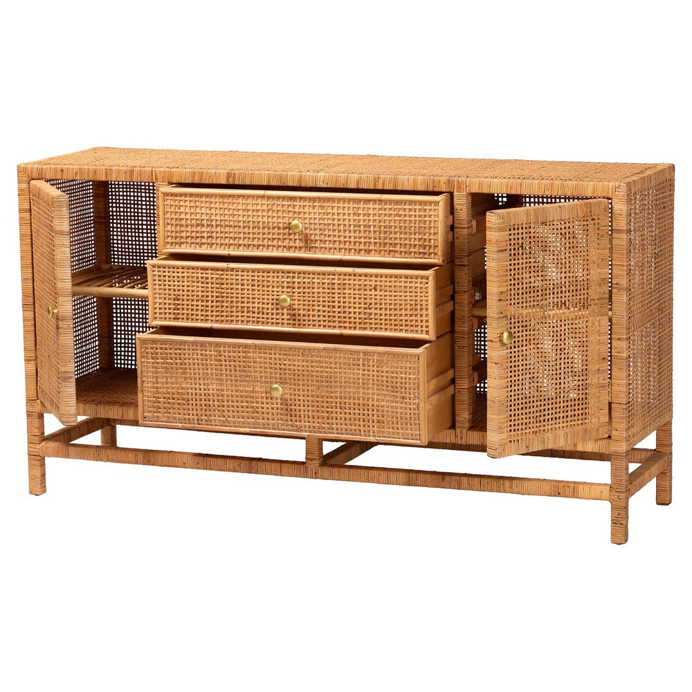 Baxton Studio bali Vivan Bohemian Honey Rattan and Mahogany 3-Drawer Storage Cabinet for Stylish Organization Vivan-SV2089-Natural-Rattan-Cabinet