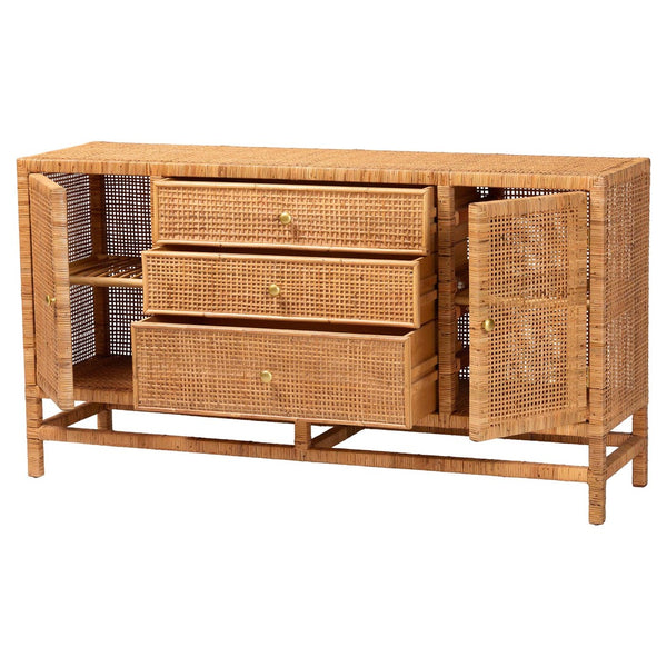 Baxton Studio bali Vivan Bohemian Honey Rattan and Mahogany 3-Drawer Storage Cabinet for Stylish Organization Vivan-SV2089-Natural-Rattan-Cabinet