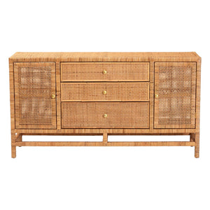 Baxton Studio bali Vivan Bohemian Honey Rattan and Mahogany 3-Drawer Storage Cabinet for Stylish Organization Vivan-SV2089-Natural-Rattan-Cabinet