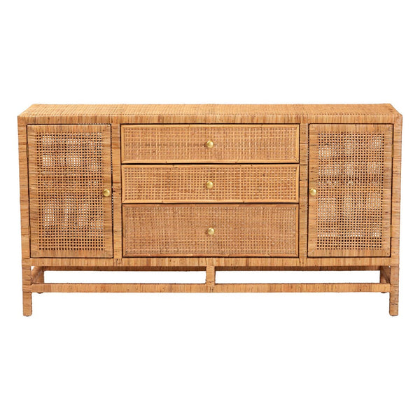 Baxton Studio bali Vivan Bohemian Honey Rattan and Mahogany 3-Drawer Storage Cabinet for Stylish Organization Vivan-SV2089-Natural-Rattan-Cabinet