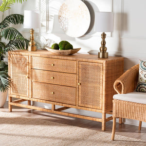 Baxton Studio bali Vivan Bohemian Honey Rattan and Mahogany 3-Drawer Storage Cabinet for Stylish Organization Vivan-SV2089-Natural-Rattan-Cabinet