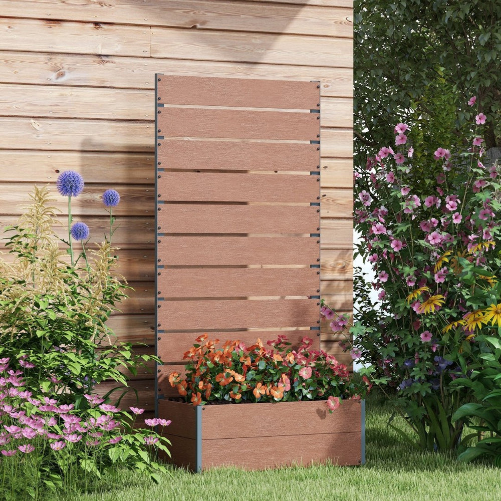 English Elm Outsunny Raised Planter Box with Vertical Trellis Composite Wood Outdoor Patio Garden Brown W2225P174394