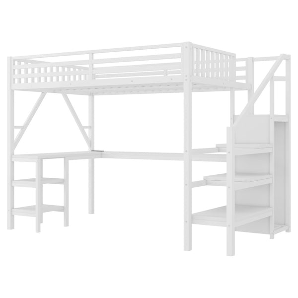 English Elm Metal Full Loft Bed with L Shaped Desk Wardrobe Rgb Lighting and Usb Charging White W2593S00054