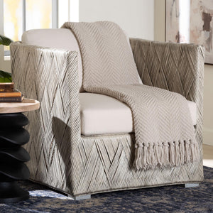 Baxton Studio Bali Melbourne Natural Rattan Lounge Chair - Handwoven Tuxedo Armchair With Removable Cushions And Compact Footprint Melbourne-White Wash-Cushion-CC