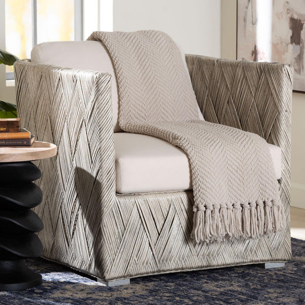 Baxton Studio Bali Melbourne Natural Rattan Lounge Chair - Handwoven Tuxedo Armchair With Removable Cushions And Compact Footprint Melbourne-White Wash-Cushion-CC