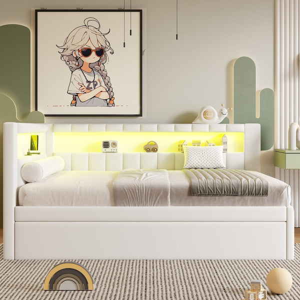 English Elm Upholstered Full Platform Bed with Trundle, Built-In USB Ports & LED Accent, Linen Upholstery White DL001925AAK