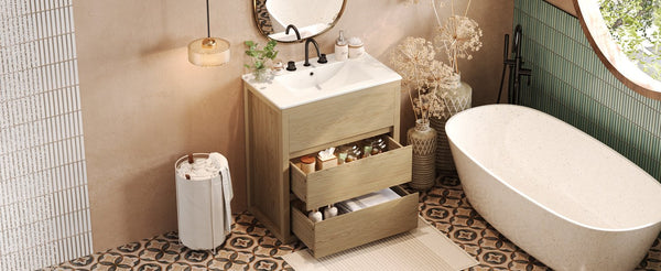 English Elm Christopher Knight Home® - 30" Bathroom Vanity with Ceramic Sink, 2 Soft-Close Full-Extension Drawers, Handle-Free 45° Design, Durable MDF Natural N817P280549N