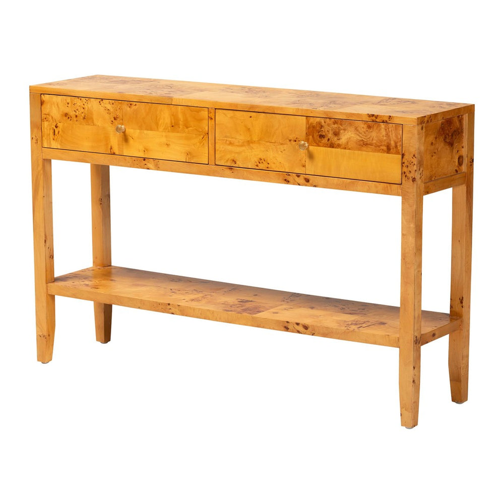 Baxton Studio bali Ghina Modern Natural Burl Wood Console Table - 2-Drawer Storage & Open Shelf for Stylish Interiors SVN-1518-Natural Burl Op1-Ghina-Console Table