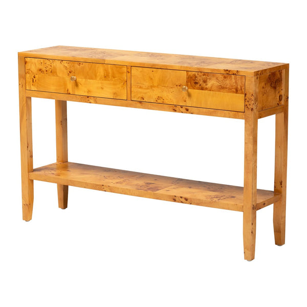 Baxton Studio bali Ghina Modern Natural Burl Wood Console Table - 2-Drawer Storage & Open Shelf for Stylish Interiors SVN-1518-Natural Burl Op1-Ghina-Console Table