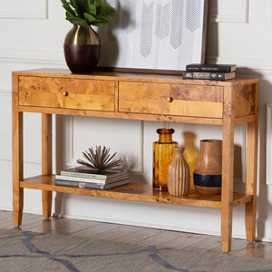 Baxton Studio bali Ghina Modern Natural Burl Wood Console Table - 2-Drawer Storage & Open Shelf for Stylish Interiors SVN-1518-Natural Burl Op1-Ghina-Console Table
