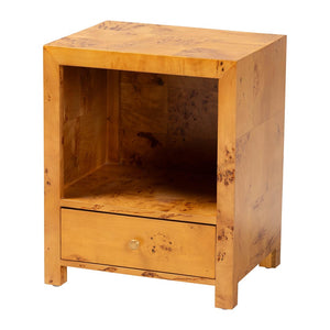 Baxton Studio bali Camira Modern Nightstand - Unique Handcrafted Natural Burl Wood with Drawer & Open Shelf Design SVN-1150-Natural Burl Op1-Nella-NS