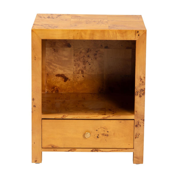 Baxton Studio bali Camira Modern Nightstand - Unique Handcrafted Natural Burl Wood with Drawer & Open Shelf Design SVN-1150-Natural Burl Op1-Nella-NS