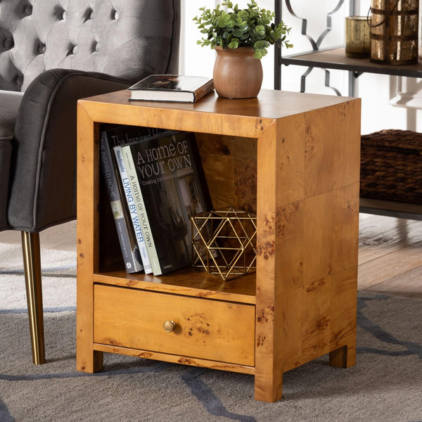 Baxton Studio bali Camira Modern Nightstand - Unique Handcrafted Natural Burl Wood with Drawer & Open Shelf Design SVN-1150-Natural Burl Op1-Nella-NS