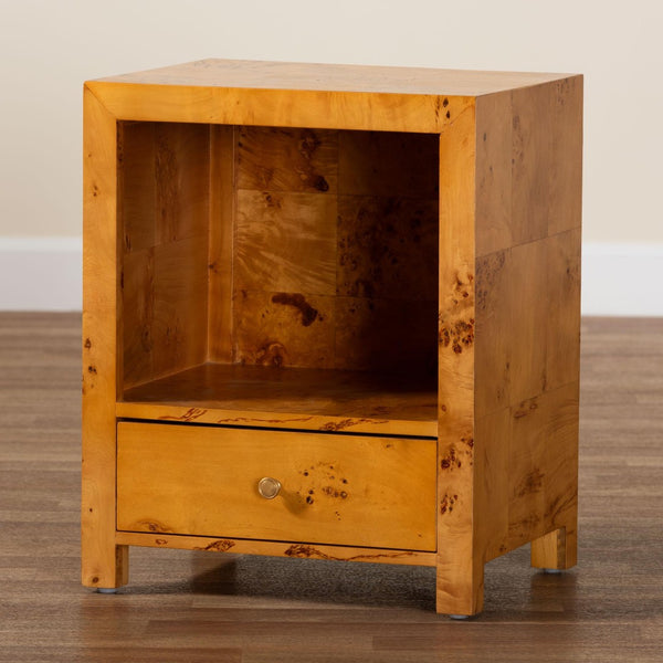Baxton Studio bali Camira Modern Nightstand - Unique Handcrafted Natural Burl Wood with Drawer & Open Shelf Design SVN-1150-Natural Burl Op1-Nella-NS