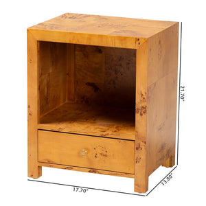 Baxton Studio bali Camira Modern Nightstand - Unique Handcrafted Natural Burl Wood with Drawer & Open Shelf Design SVN-1150-Natural Burl Op1-Nella-NS