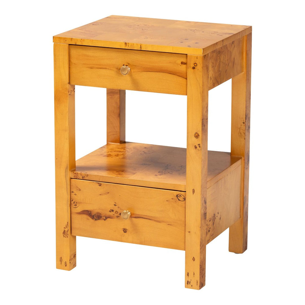 Baxton Studio bali Azmi Modern Natural Burl Wood Nightstand with 2 Drawers & Open Shelf for Stylish Storage Solutions SVN-1151-Natural Burl Op1-Azmi-NS