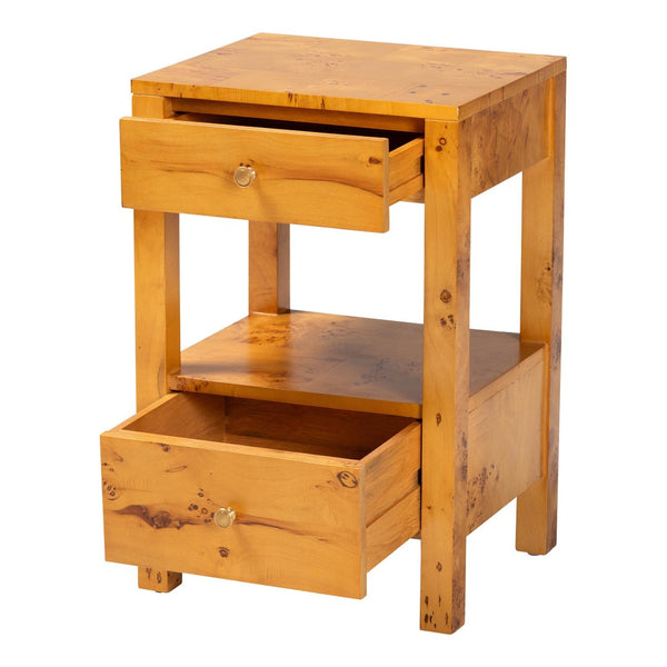 Baxton Studio bali Azmi Modern Natural Burl Wood Nightstand with 2 Drawers & Open Shelf for Stylish Storage Solutions SVN-1151-Natural Burl Op1-Azmi-NS