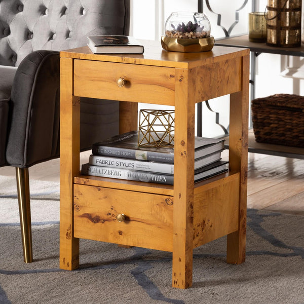 Baxton Studio bali Azmi Modern Natural Burl Wood Nightstand with 2 Drawers & Open Shelf for Stylish Storage Solutions SVN-1151-Natural Burl Op1-Azmi-NS