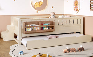 English Elm Twin Kids Platform Bed with Trundle Staircase Bookshelf and Rounded Safety Rails Beige W1580S00556