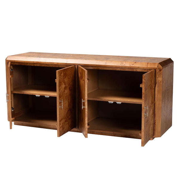 Baxton Studio bali Valora Modern 4-Door Sideboard Buffet in Natural Mappa Burl Wood – Unique & Functional Elegance SVN-1296-Natural Burl-Mega-Cabinet