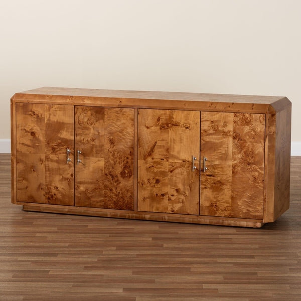 Baxton Studio bali Valora Modern 4-Door Sideboard Buffet in Natural Mappa Burl Wood – Unique & Functional Elegance SVN-1296-Natural Burl-Mega-Cabinet
