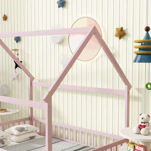 English Elm Full Size House Floor Bed With Roof Frame & Guardrails - Cozy Pink Wooden Design For Kids W504P286410