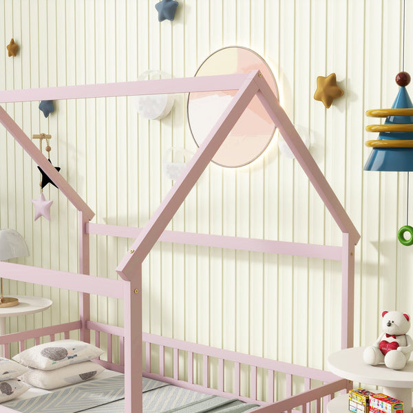 English Elm Full Size House Floor Bed With Roof Frame & Guardrails - Cozy Pink Wooden Design For Kids W504P286410
