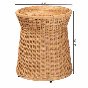 English Elm Round Handwoven Rattan Drum Side Table Organic Wicker Accent for Living or Sunroom B2750P467846
