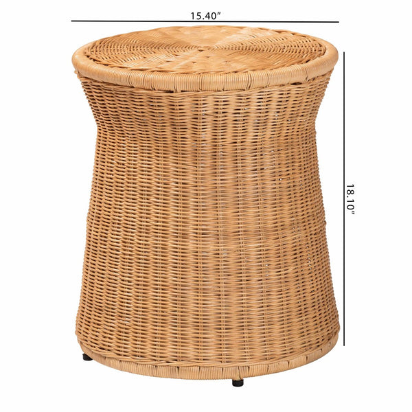 English Elm Round Handwoven Rattan Drum Side Table Organic Wicker Accent for Living or Sunroom B2750P467846