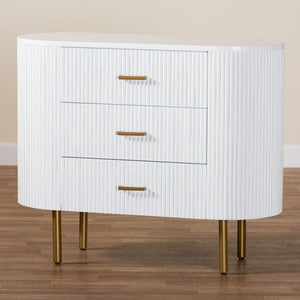 Baxton Studio bali Bali Beyla Mid-Century Dresser: Stylish White Fluted Wood & Gold Metal with 3 Drawers, Fully Assembled! SVN-1240-White/Gold-Dubai-3DW-Dresser