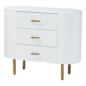 bali & pari Beyla Mid-Century White Fluted Wood and Gold Metal 3-Drawer Dresser