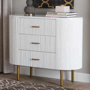 Baxton Studio bali Bali Beyla Mid-Century Dresser: Stylish White Fluted Wood & Gold Metal with 3 Drawers, Fully Assembled! SVN-1240-White/Gold-Dubai-3DW-Dresser