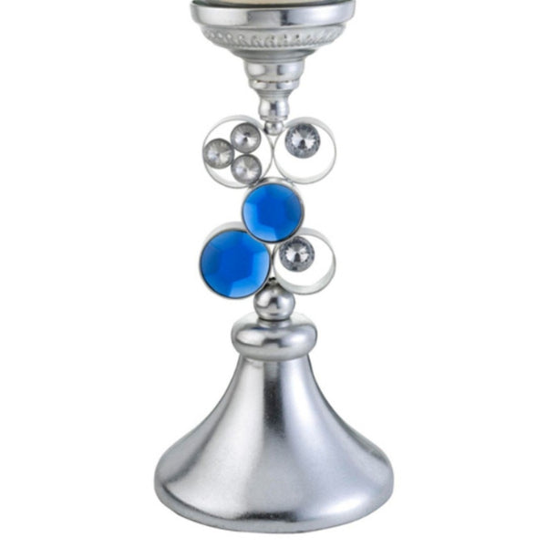 English Elm 20.5" Polyresin Column Candleholder Silver Bejeweled Turquoise Gem Mantel Accent B072116546