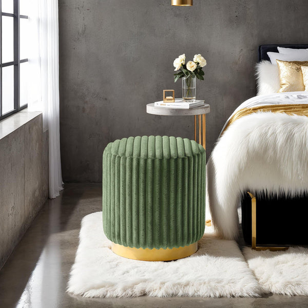 English Elm Green Fur Round Accent Stool 18"H Channel‑Tufted Velvet Look Upholstery Gold Stainless Base Modern Luxe B2741P388369