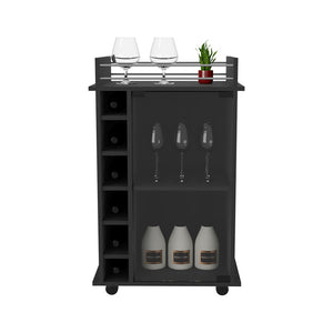 English Elm Bar Bar Cart Glass Door Cabinet with Two Shelves, Six Bottle Cubbies, Locking Casters, Rail Top Black 31.49 L x 20.86 W x 6.69 H B097133027