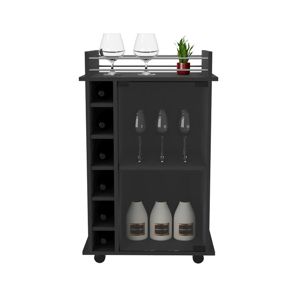 English Elm Bar Bar Cart Glass Door Cabinet with Two Shelves, Six Bottle Cubbies, Locking Casters, Rail Top Black 31.49 L x 20.86 W x 6.69 H B097133027