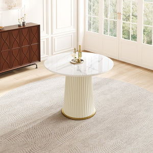 English Elm Modern 35.43 Inch Round Dining Table with Glossy Sintered Stone Top, Pleated PU Leather Iron Pedestal, Adjustable Feet for Stable Elegant White W3456S00055