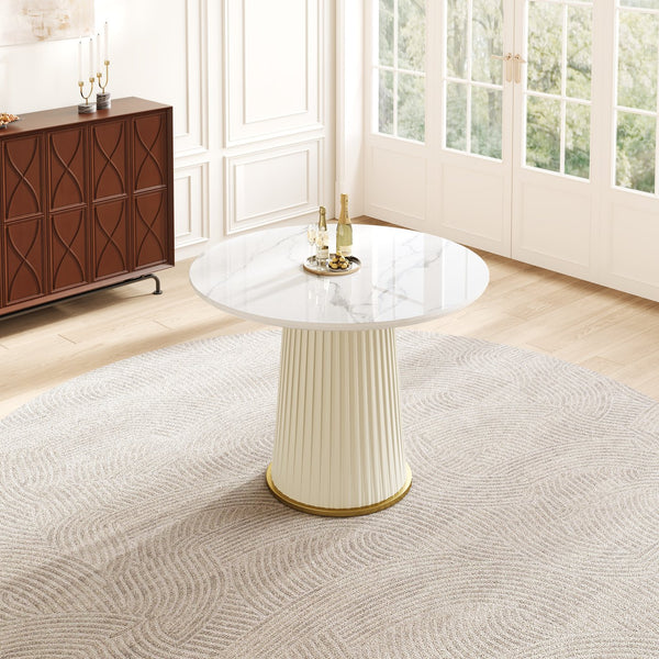 English Elm Modern 35.43 Inch Round Dining Table with Glossy Sintered Stone Top, Pleated PU Leather Iron Pedestal, Adjustable Feet for Stable Elegant White W3456S00055